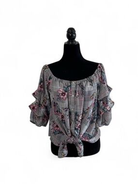 OLM Floral Plaid Off-Shoulder Tie-Front Blouse
